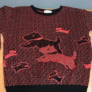 Vintage TEASERS womens pullover red metallic sweater with schnauzers running